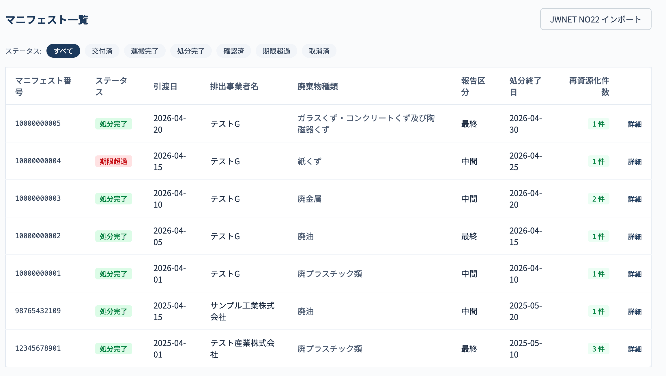 マニフェスト一覧ダッシュボード UI のスクリーンショット